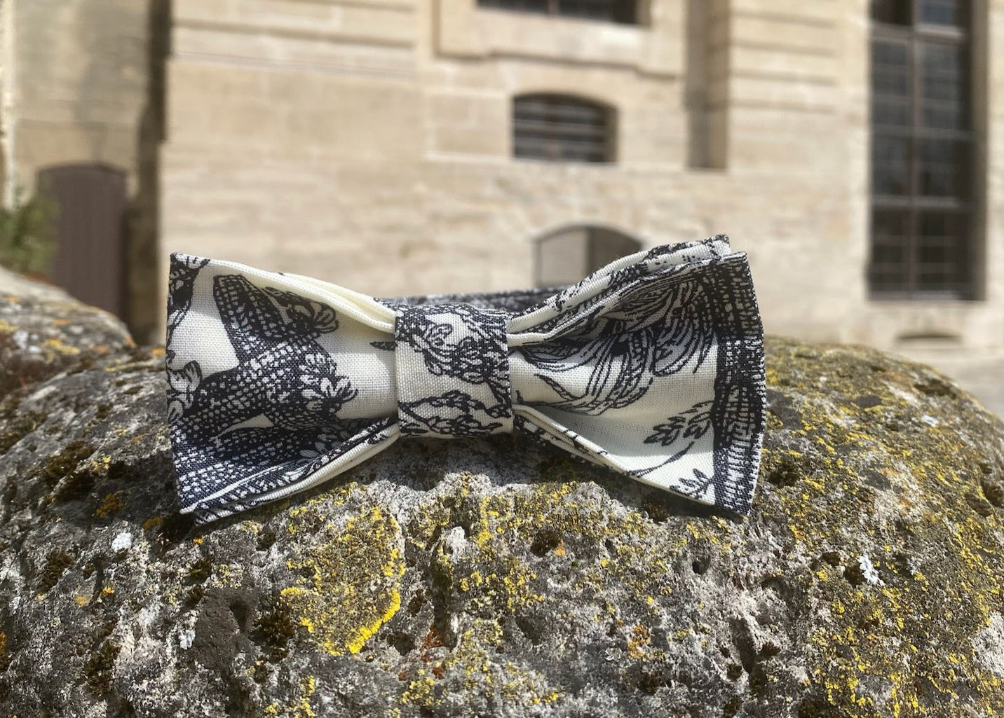 Nœud papillon fait main posé devant un château français