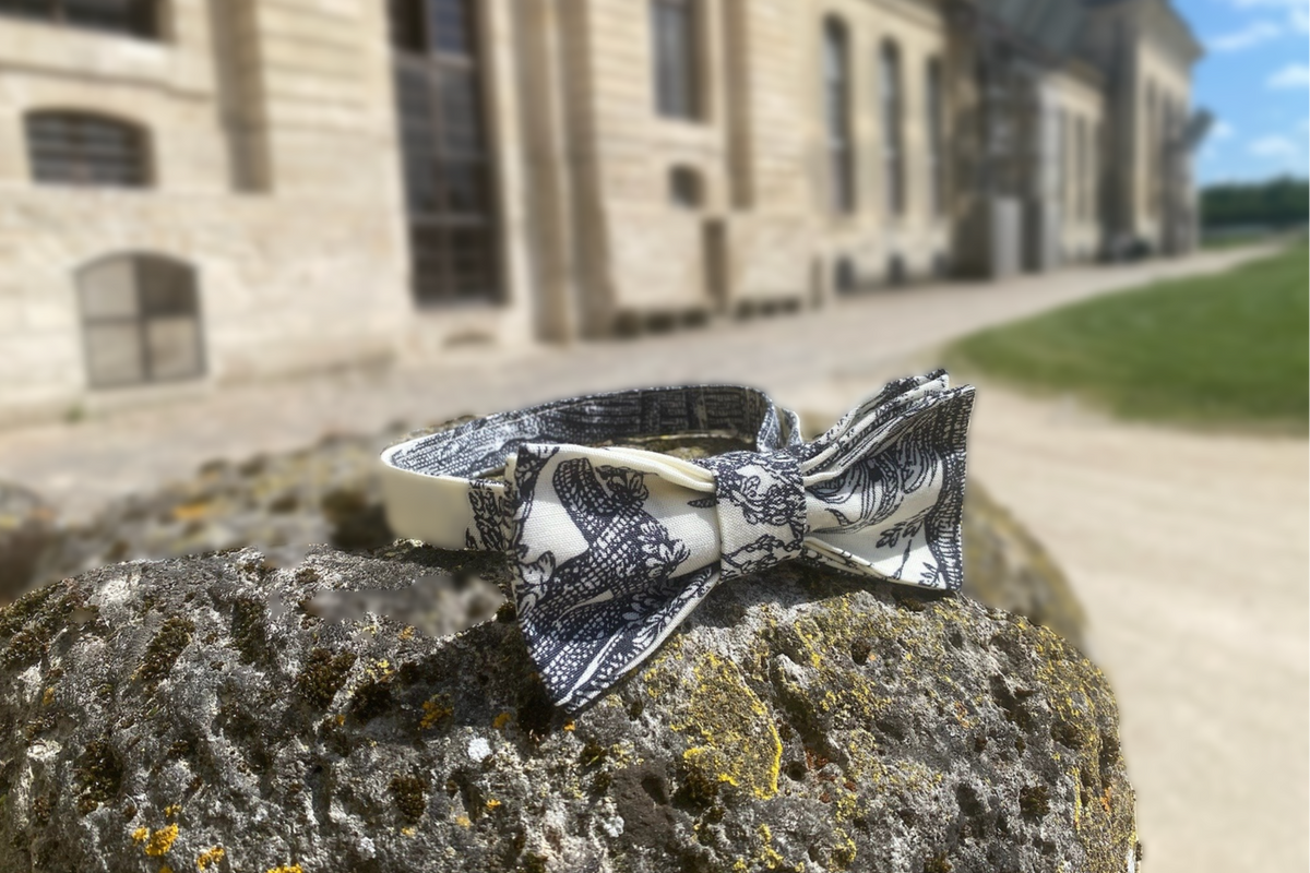 Bow tie in toile de Jouy resting on a stone in front of a château