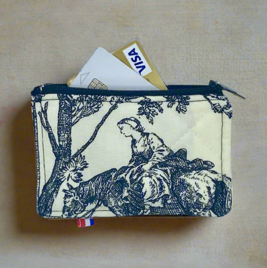Vue latérale du porte-cartes en tissu patrimonial avec fermeture

