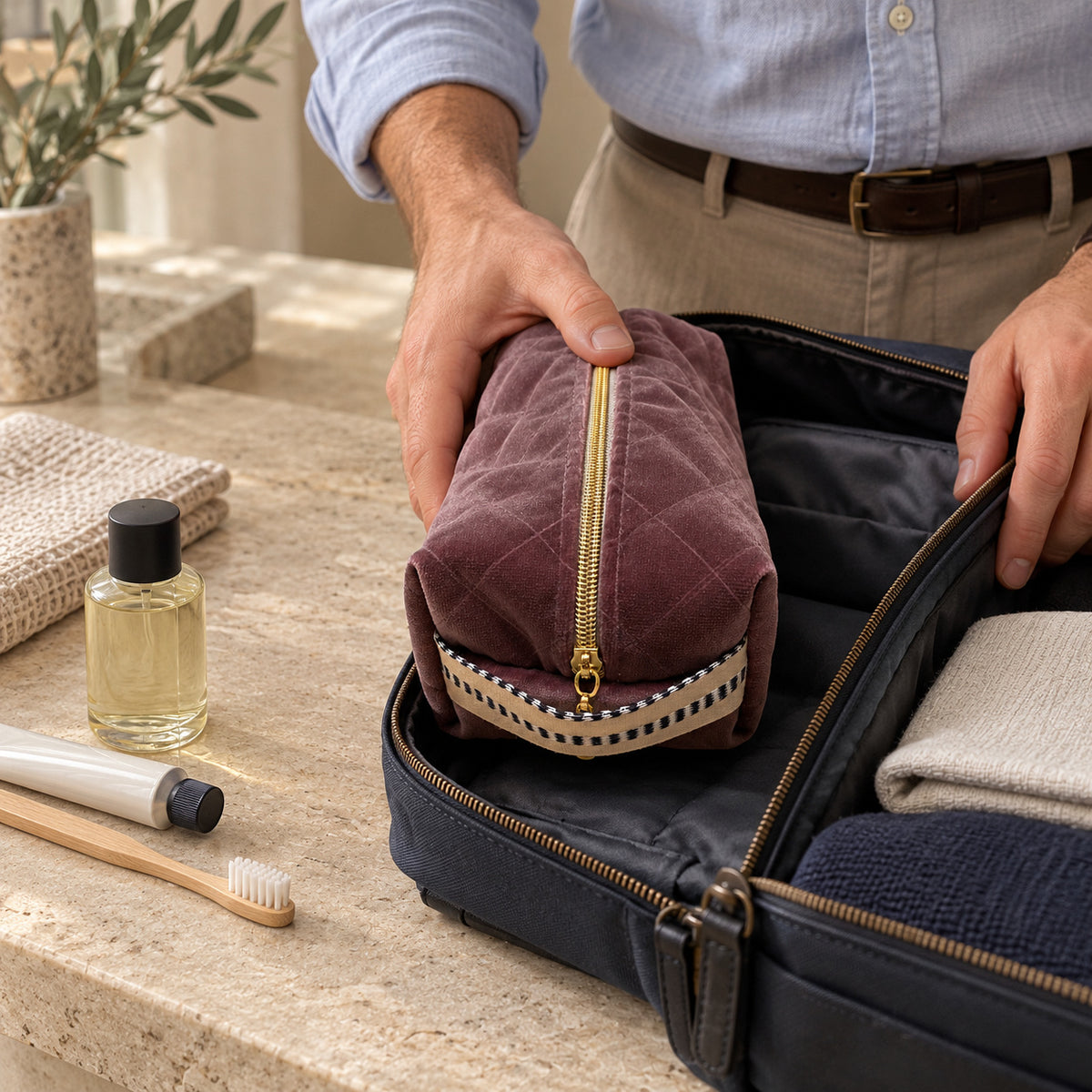 Trousse de toilette en velours violet en voyage